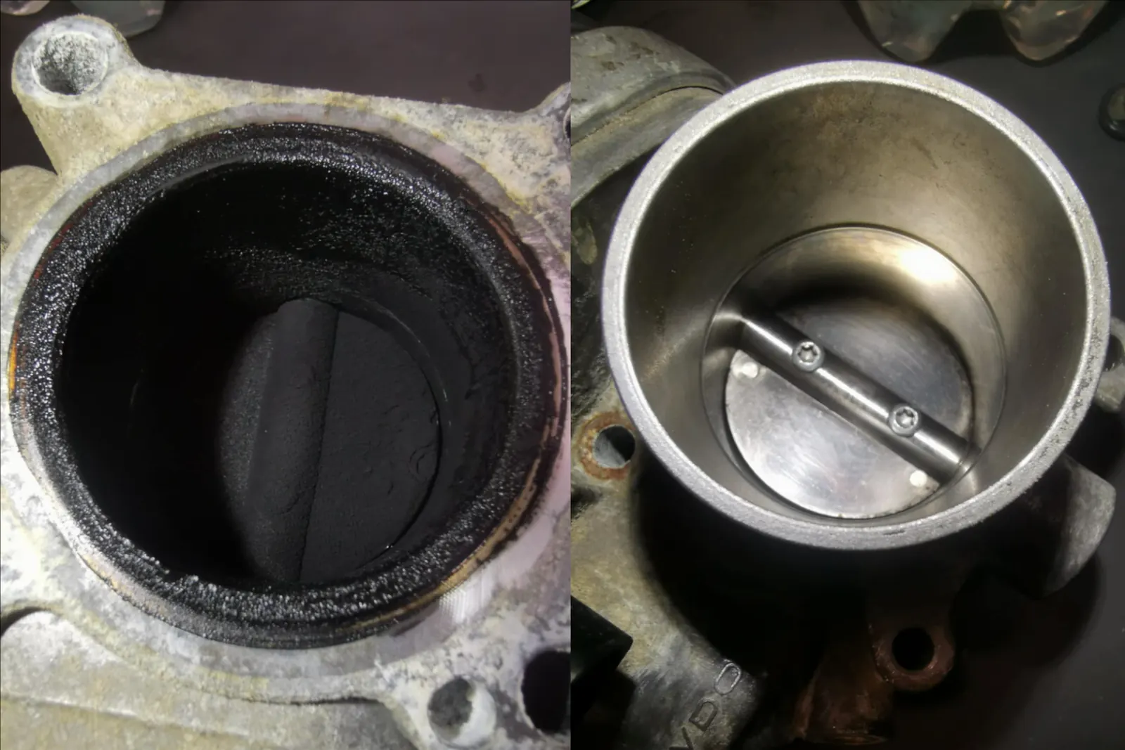 Engine component before and after carbon cleaning